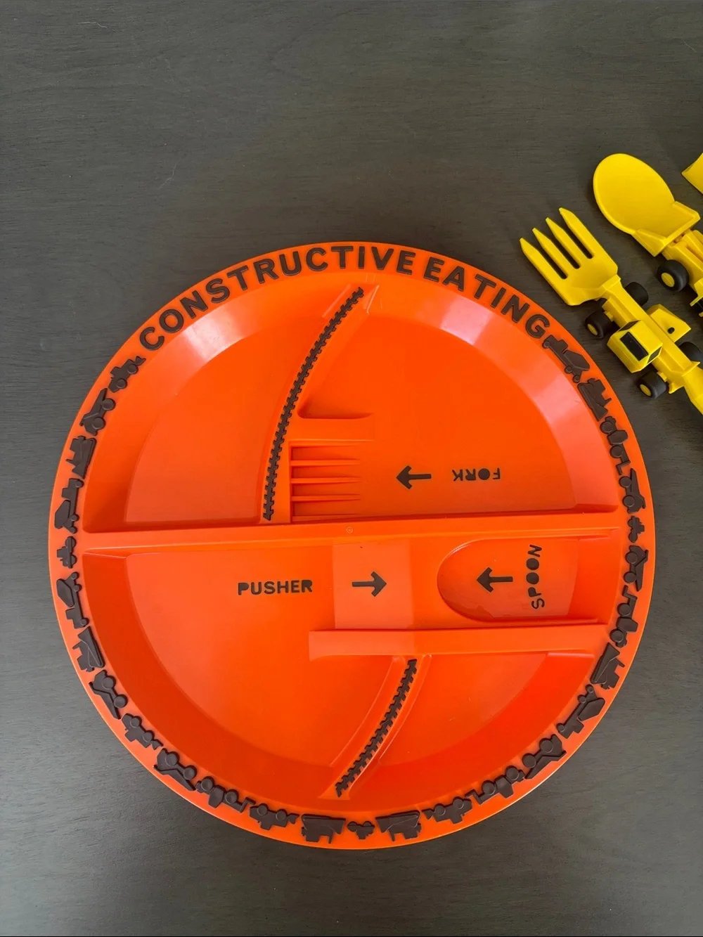 Constructive Eating Orange Divided Plate with Yellow Utensils